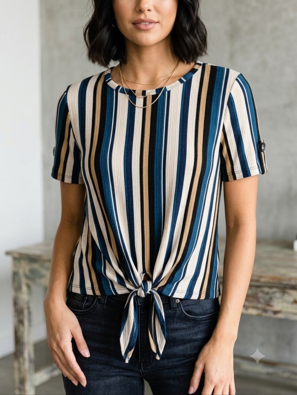Modern Attraction Brand Striped Tie-Front Crew Neck Top Size Med